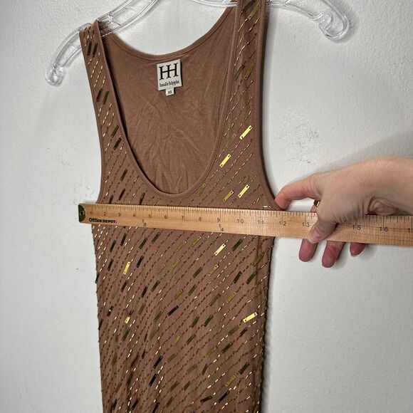 Haute Hippie Chocolate Brown Tank Mini Dress Side Ruche Gold & Beaded Adornment - Picture 13 of 14